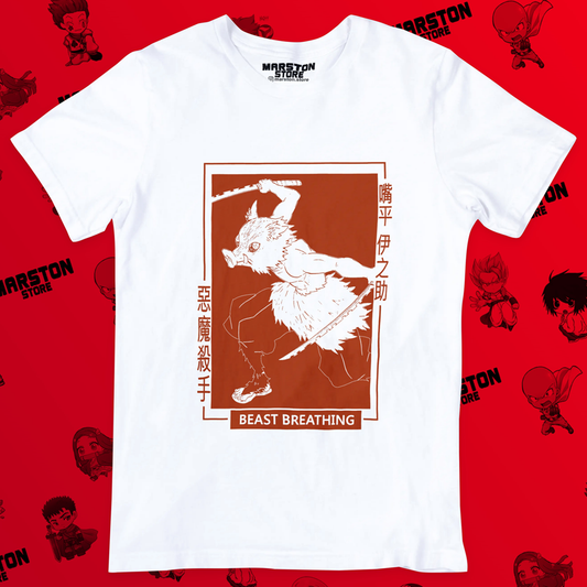 Polera blanca Kimetsu no Yaiba Demon Slayer con diseño de Inosuke Hashibira