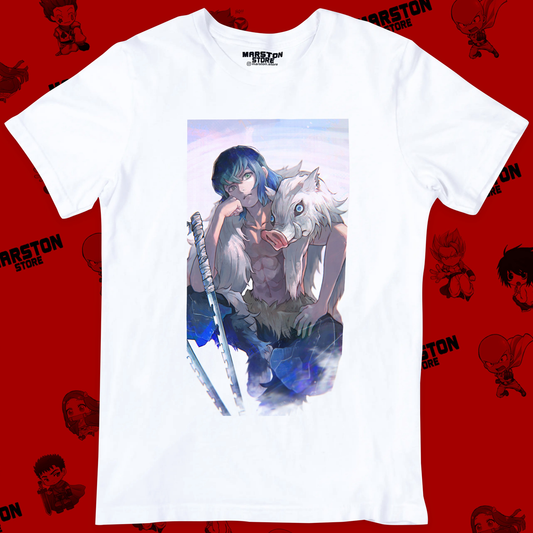 Polera blanca Kimetsu no Yaiba Demon Slayer con diseño de Inosuke Hashibira