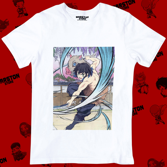 Polera blanca Kimetsu no Yaiba Demon Slayer con diseño de Inosuke Hashibira