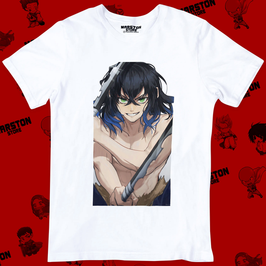Polera blanca Kimetsu no Yaiba Demon Slayer con diseño de Inosuke Hashibira