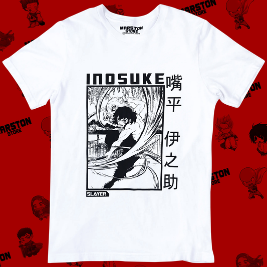 Polera blanca Kimetsu no Yaiba Demon Slayer con diseño de Inosuke Hashibira