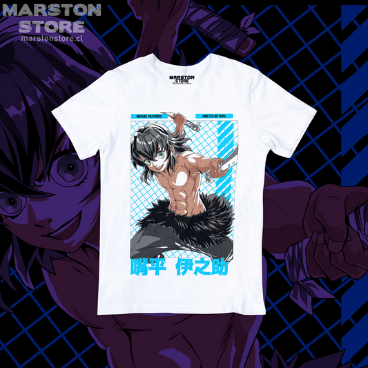 Polera blanca Kimetsu no Yaiba Demon Slayer con diseño de Inosuke Hashibira