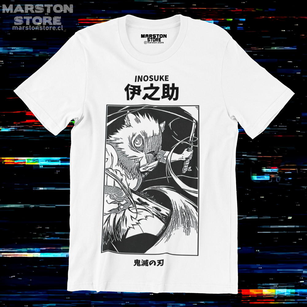 Polera blanca Kimetsu no Yaiba Demon Slayer con diseño de Inosuke Hashibira