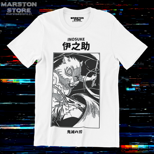 Polera blanca Kimetsu no Yaiba Demon Slayer con diseño de Inosuke Hashibira