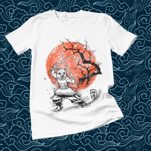 Polera blanca Kimetsu no Yaiba Demon Slayer con diseño de Inosuke Hashibira