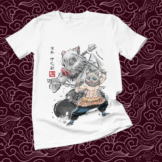 Polera blanca Kimetsu no Yaiba Demon Slayer con diseño de Inosuke Hashibira