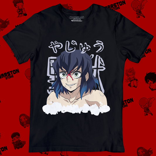 Polera negra Kimetsu no Yaiba Demon Slayer con diseño de Inosuke Hashibira