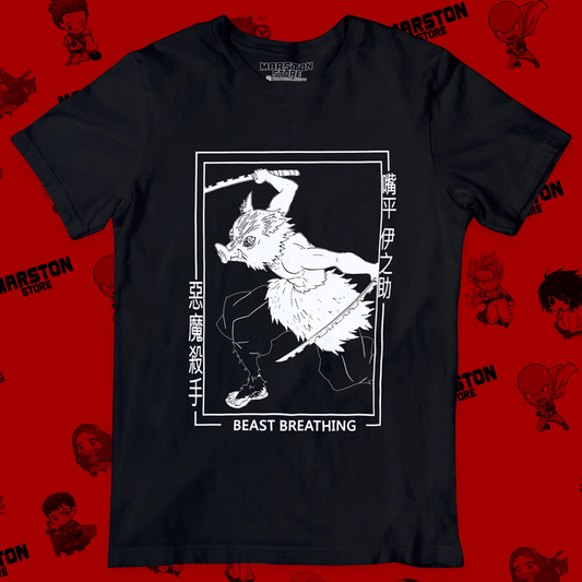 Polera negra Kimetsu no Yaiba Demon Slayer con diseño de Inosuke Hashibira