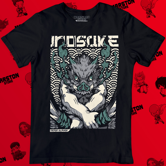 Polera negra Kimetsu no Yaiba Demon Slayer con diseño de Inosuke Hashibira