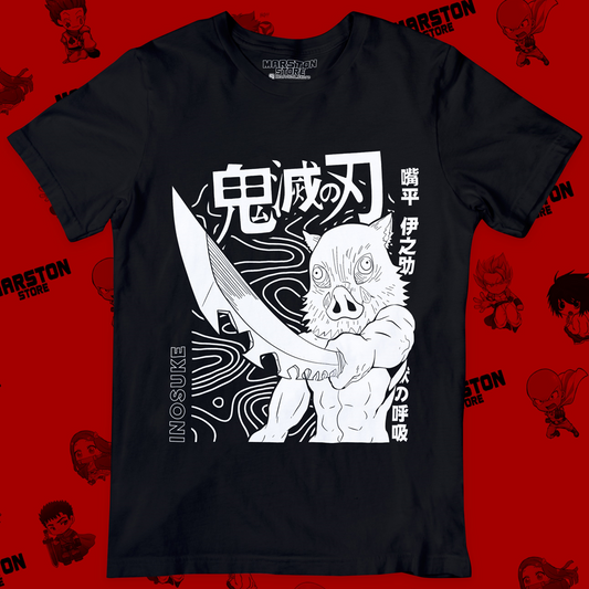 Polera negra Kimetsu no Yaiba Demon Slayer con diseño de Inosuke Hashibira