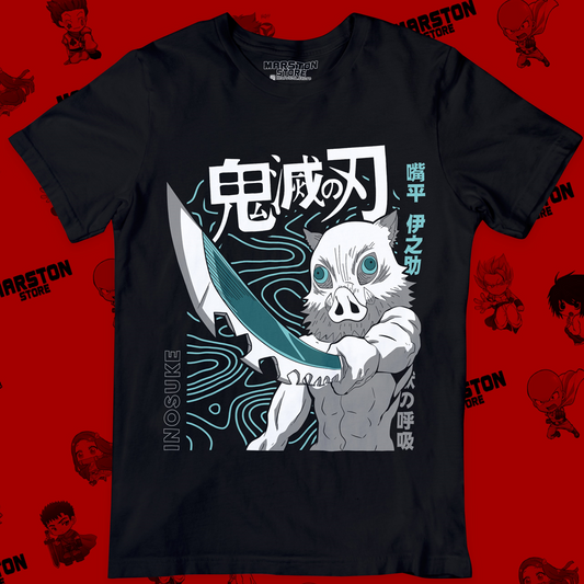 Polera negra Kimetsu no Yaiba Demon Slayer con diseño de Inosuke Hashibira