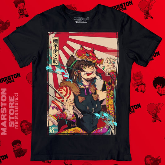 Polera negra Kimetsu no Yaiba Demon Slayer con diseño de Inosuke Hashibira