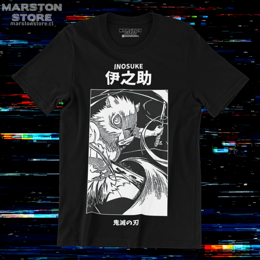 Polera negra Kimetsu no Yaiba Demon Slayer con diseño de Inosuke Hashibira