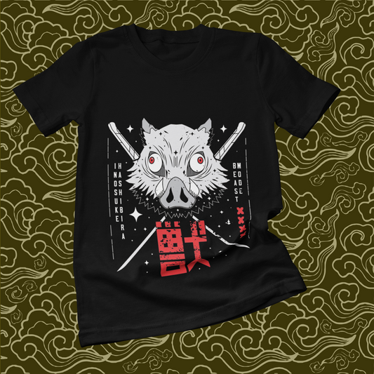 Polera negra Kimetsu no Yaiba Demon Slayer con diseño de Inosuke Hashibira