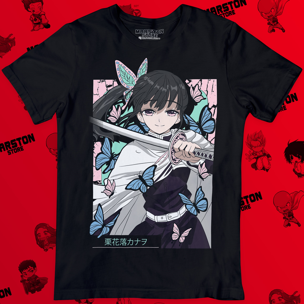 Polera negra Kimetsu no Yaiba Demon Slayer con diseño de Kanao Tsuyuri