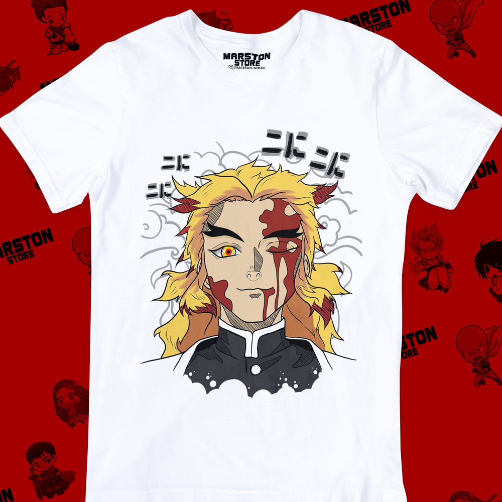 Polera blanca Kimetsu no Yaiba Demon Slayer con diseño de Kyojuro Rengoku