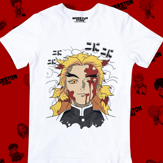 Polera blanca Kimetsu no Yaiba Demon Slayer con diseño de Kyojuro Rengoku
