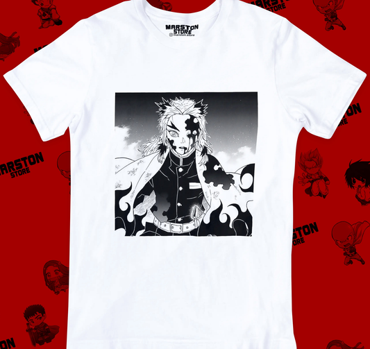 Polera blanca Kimetsu no Yaiba Demon Slayer con diseño de Kyojuro Rengoku