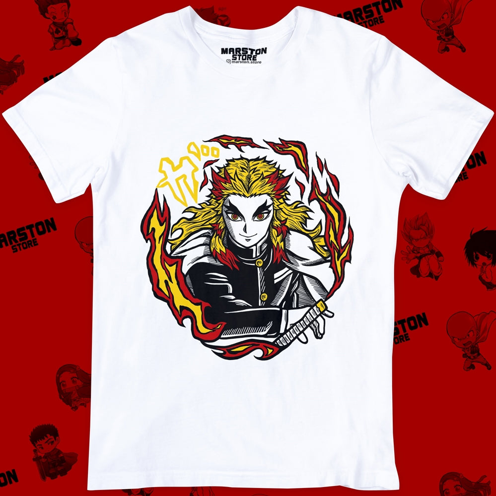 Polera blanca Kimetsu no Yaiba Demon Slayer con diseño de Kyojuro Rengoku