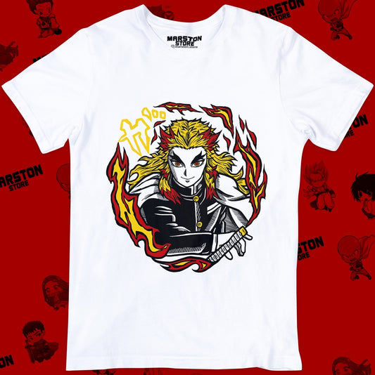 Polera blanca Kimetsu no Yaiba Demon Slayer con diseño de Kyojuro Rengoku