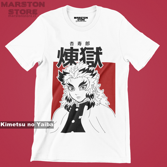 Polera blanca Kimetsu no Yaiba Demon Slayer con diseño de Kyojuro Rengoku