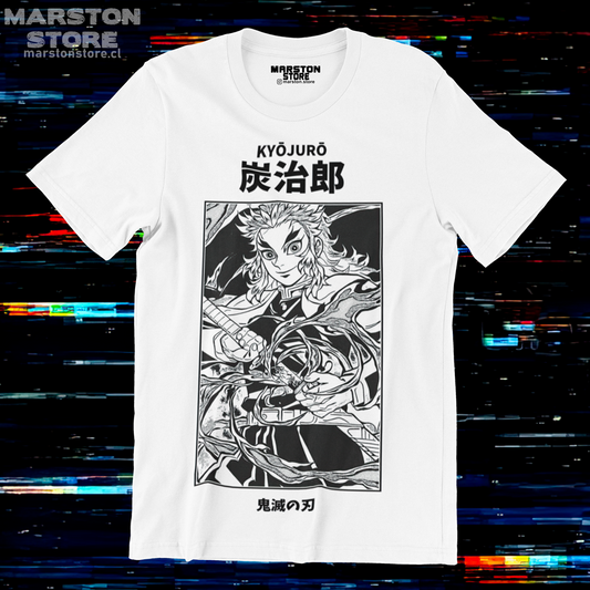 Polera blanca Kimetsu no Yaiba Demon Slayer con diseño de Kyojuro Rengoku