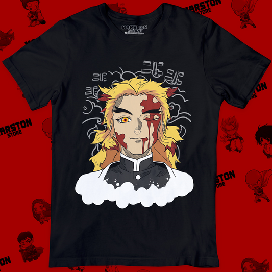 Polera negra Kimetsu no Yaiba Demon Slayer con diseño de Kyojuro Rengoku