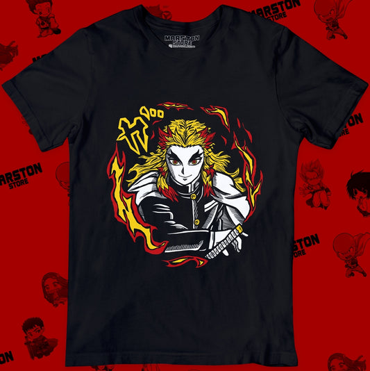 Polera negra Kimetsu no Yaiba Demon Slayer con diseño de Kyojuro Rengoku