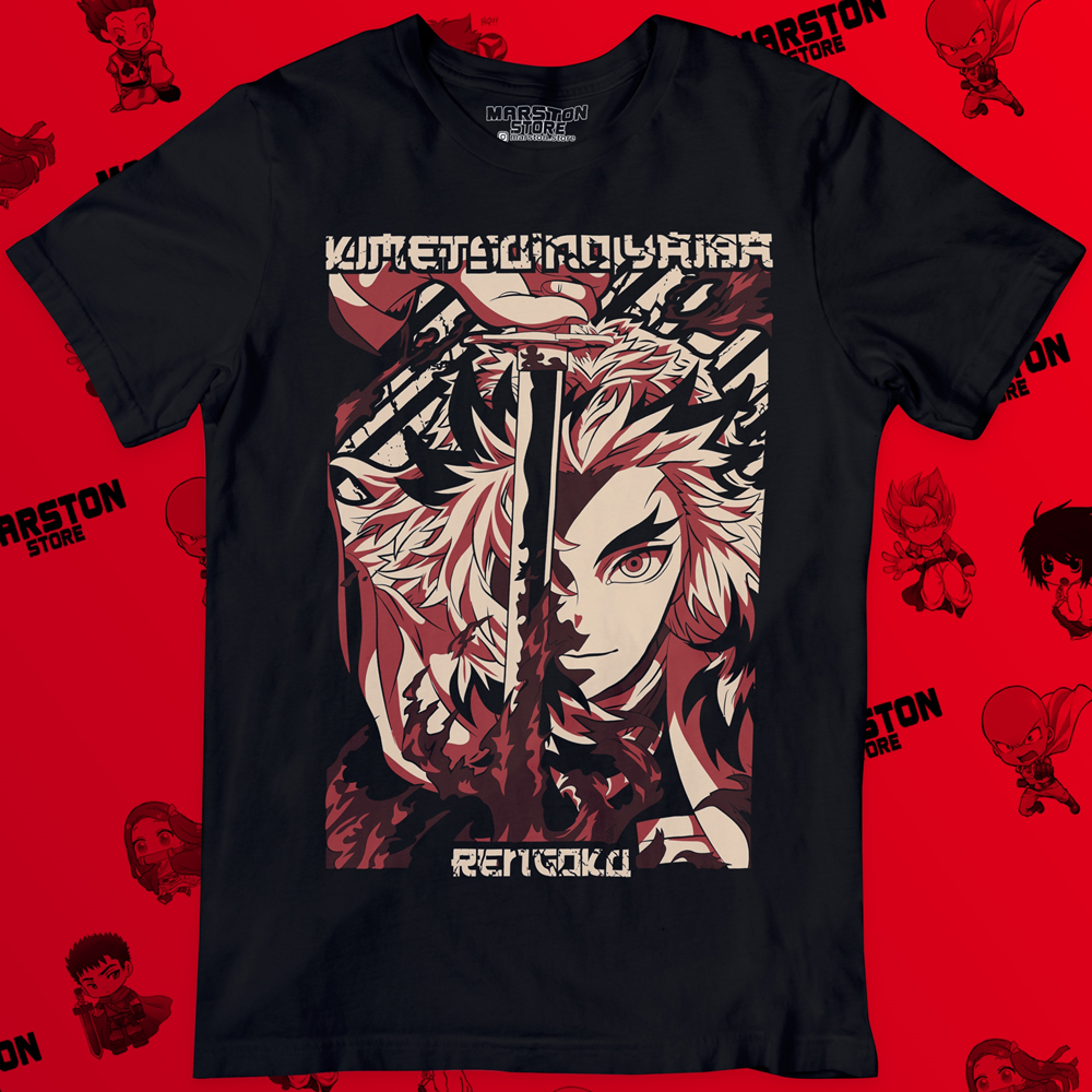Polera negra Kimetsu no Yaiba Demon Slayer con diseño de Kyojuro Rengoku