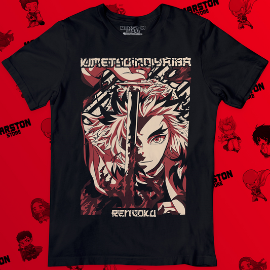 Polera negra Kimetsu no Yaiba Demon Slayer con diseño de Kyojuro Rengoku