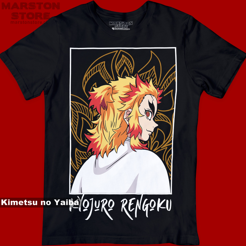 Polera negra Kimetsu no Yaiba Demon Slayer con diseño de Kyojuro Rengoku