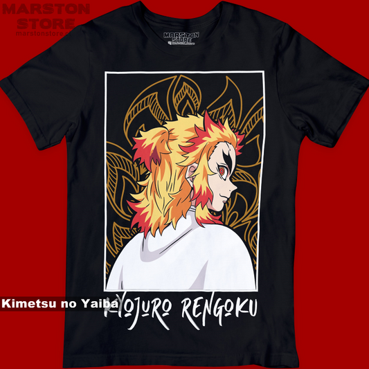 Polera negra Kimetsu no Yaiba Demon Slayer con diseño de Kyojuro Rengoku