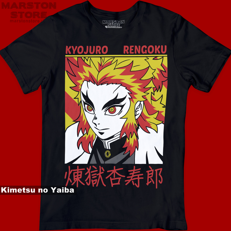 Polera negra Kimetsu no Yaiba Demon Slayer con diseño de Kyojuro Rengoku