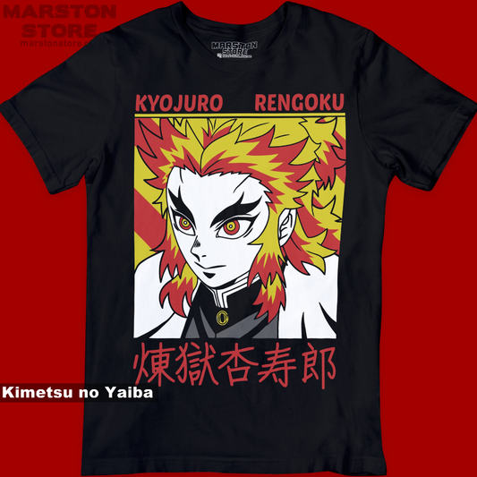 Polera negra Kimetsu no Yaiba Demon Slayer con diseño de Kyojuro Rengoku