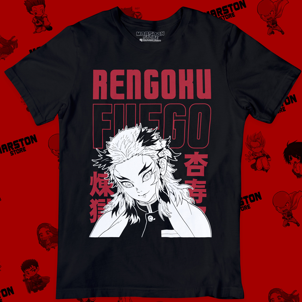 Polera negra Kimetsu no Yaiba Demon Slayer con diseño de Kyojuro Rengoku