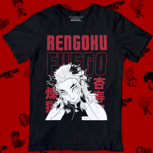 Polera negra Kimetsu no Yaiba Demon Slayer con diseño de Kyojuro Rengoku