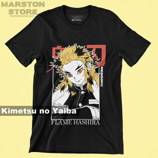 Polera negra Kimetsu no Yaiba Demon Slayer con diseño de Kyojuro Rengoku