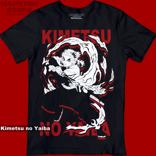 Polera negra Kimetsu no Yaiba Demon Slayer con diseño de Kyojuro Rengoku