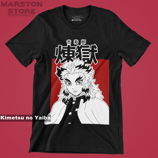 Polera negra Kimetsu no Yaiba Demon Slayer con diseño de Kyojuro Rengoku