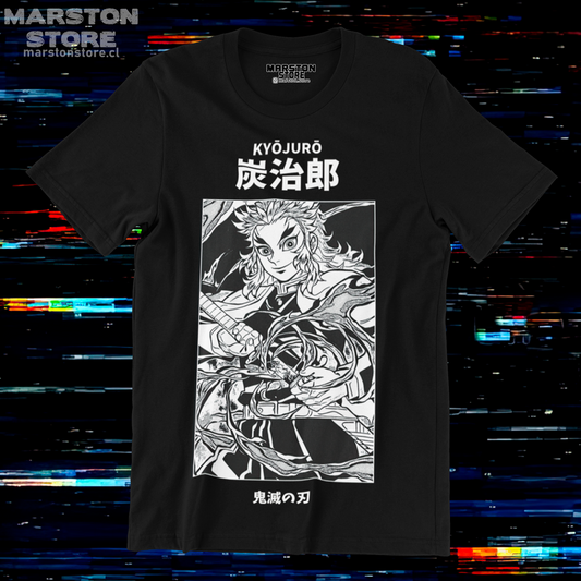Polera negra Kimetsu no Yaiba Demon Slayer con diseño de Kyojuro Rengoku