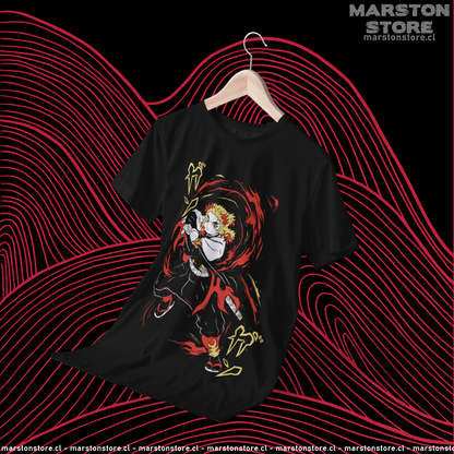 Polera negra Kimetsu no Yaiba Demon Slayer con diseño de Kyojuro Rengoku
