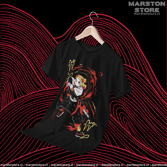 Polera negra Kimetsu no Yaiba Demon Slayer con diseño de Kyojuro Rengoku