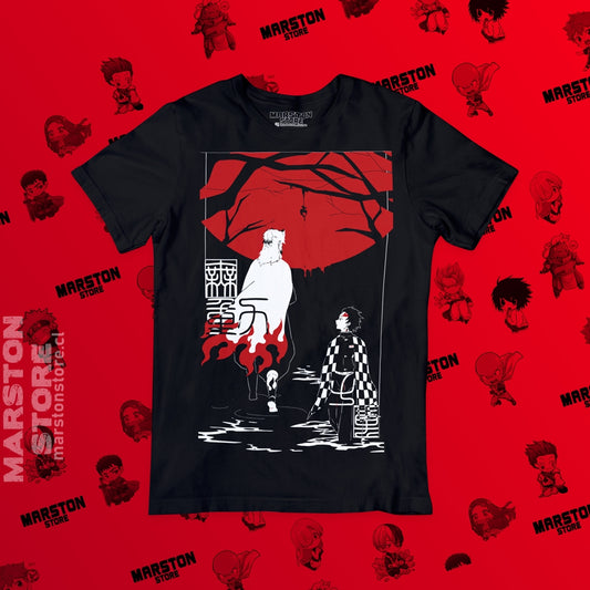 Polera negra Kimetsu no Yaiba Demon Slayer con Kyojuro Rengoku y Tanjiro Kamado