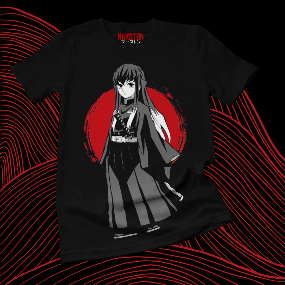 Polera negra Kimetsu no Yaiba Demon Slayer con diseño de Muichiro Tokito