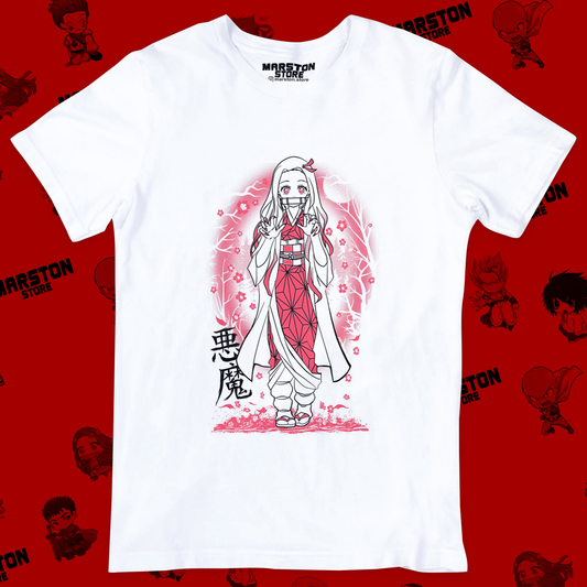 Polera blanca Kimetsu no Yaiba Demon Slayer con diseño de Nezuko Kamado