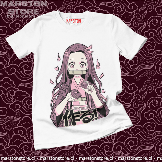 Polera blanca crossover Kimetsu no Yaiba Demon Slayer con Nezuko Kamado y Gundam