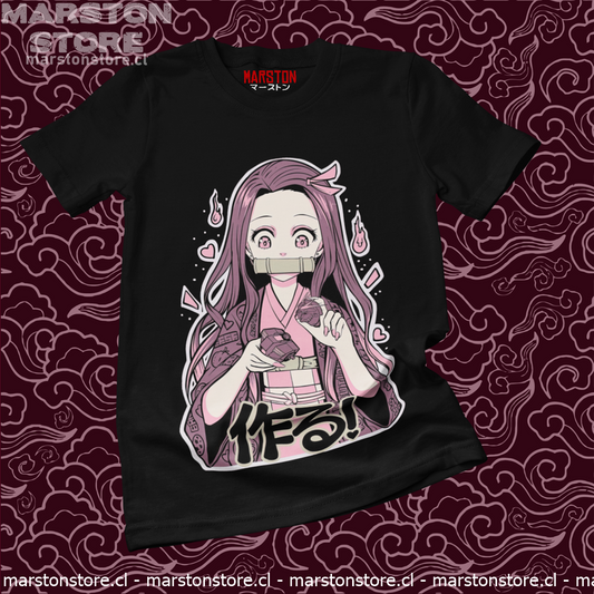 Polera negra crossover Kimetsu no Yaiba Demon Slayer con Nezuko Kamado y Gundam
