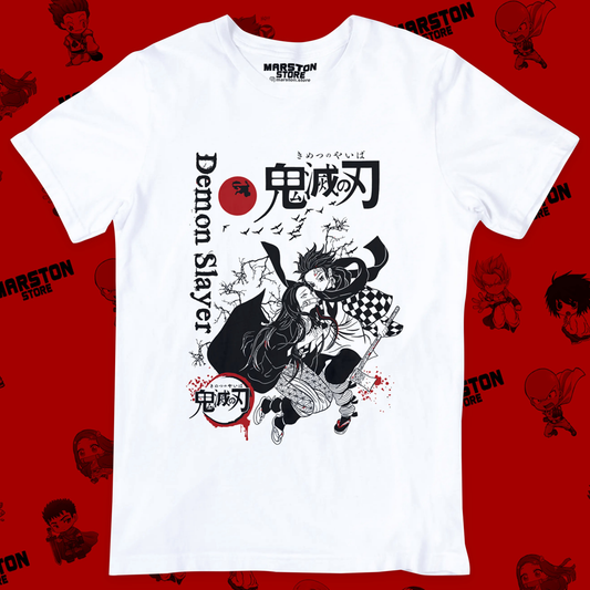 Polera blanca Kimetsu no Yaiba Demon Slayer con Nezuko Kamado y Tanjiro Kamado