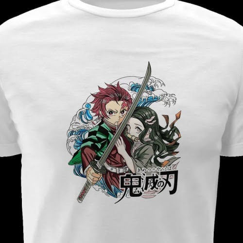 Polera blanca Kimetsu no Yaiba Demon Slayer con Nezuko Kamado y Tanjiro Kamado