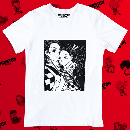 Polera blanca Kimetsu no Yaiba Demon Slayer con Nezuko Kamado y Tanjiro Kamado